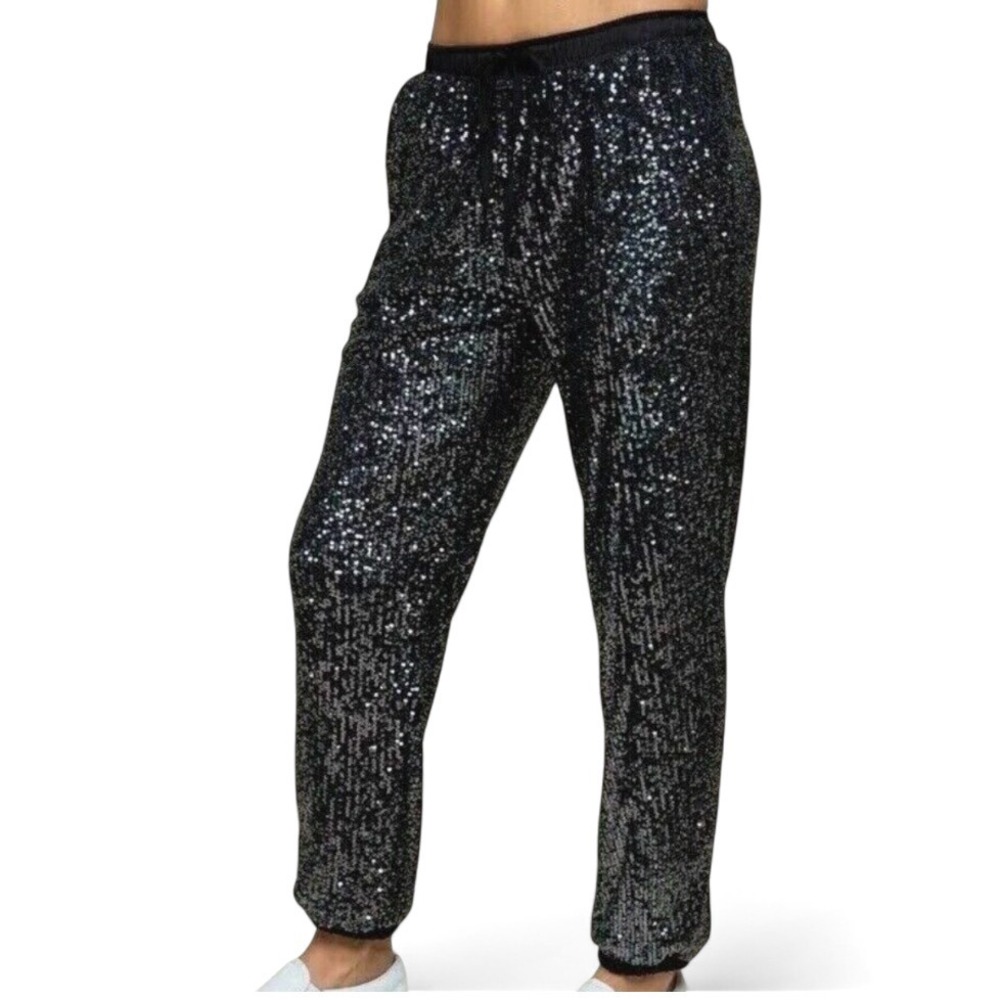 STYLE RACK Black Sequin Joggers Pants PARTY CLUBBING Elastic Waist w/Pockets M